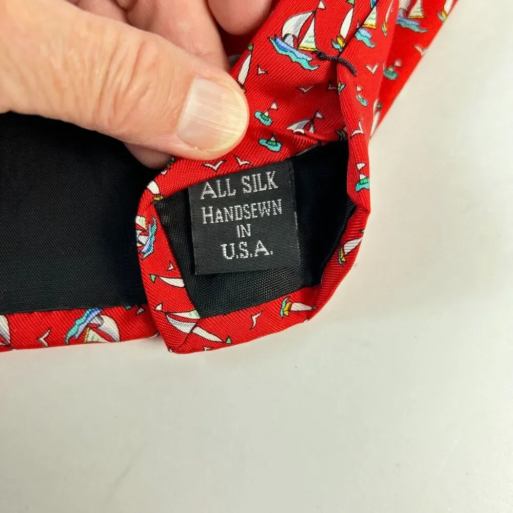 Jos. A. Bank Men's Bright Red Blue Nautical Sailboat Print 100% Silk Tie